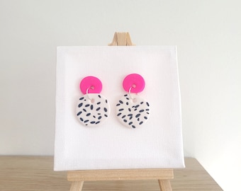 Black and white speckled earring, Clay Earring, Statement Earring, Stripey earring, hot pink clay earring, Unique earring, Round dangle stud