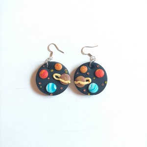 Space Dangle Earrings, Silver Hooks, Saturn Clay Earrings, Clay Planet Jewelry, Science Teacher Earrings, Universe Studs, Earth Dangle,