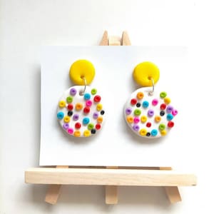 Circus Dangles, Colourful Clay Studs, Spotty Clay Earrings, Polymer Clay Earrings, Cute Drop Earrings, spotty Studs, Gift Idea, Unique Yellow