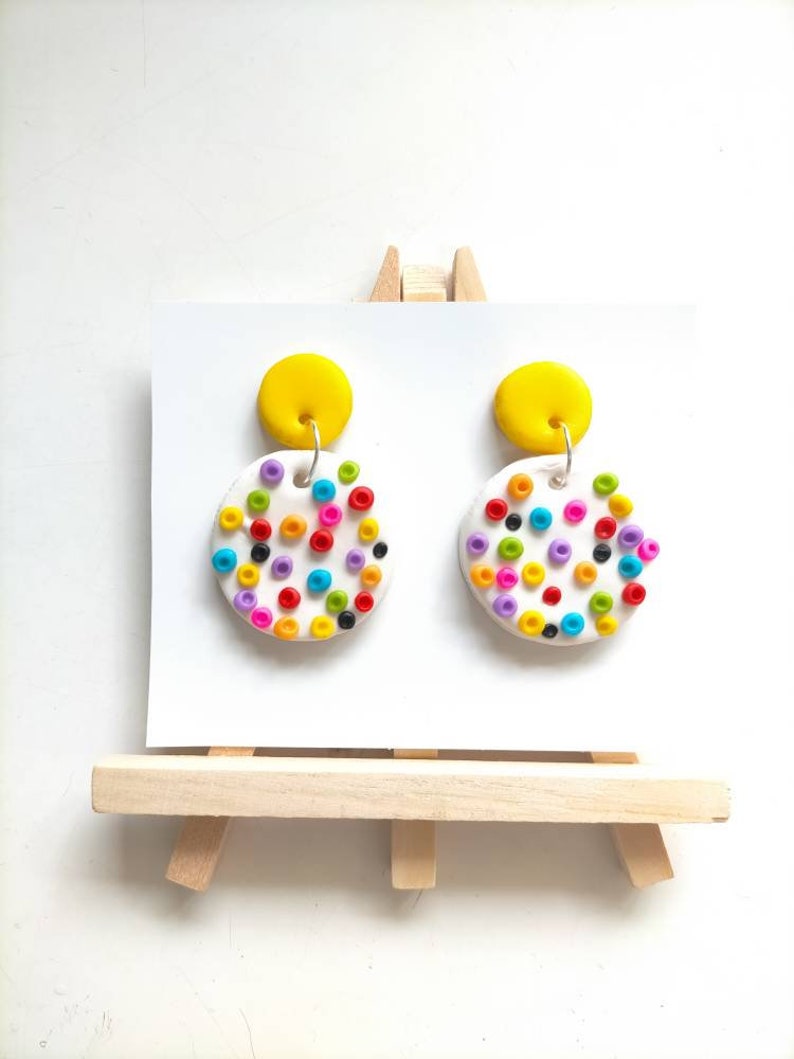 Circus Dangles, Colourful Clay Studs, Spotty Clay Earrings, Polymer Clay Earrings, Cute Drop Earrings, spotty Studs, Gift Idea, Unique Yellow
