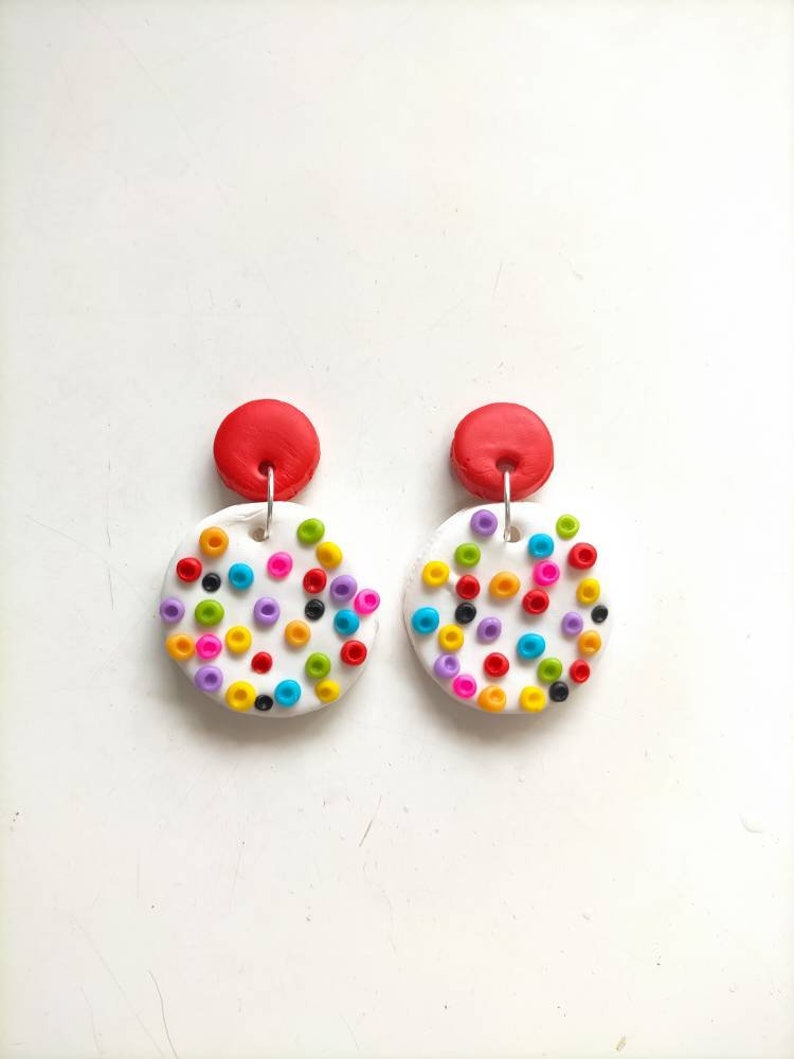 Circus Dangles, Colourful Clay Studs, Spotty Clay Earrings, Polymer Clay Earrings, Cute Drop Earrings, spotty Studs, Gift Idea, Unique Red