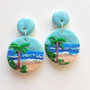 Clay Palm Tree Earrings | Beach Landscape | Unique Clay Earrings | Handmade Dangle Studs | Gift idea | Cute Bright | Stocking Filler