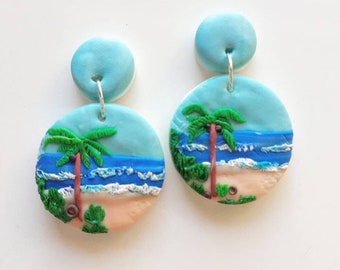 Clay Palm Tree Earrings | Beach Landscape | Unique Clay Earrings | Handmade Dangle Studs | Gift idea | Cute Bright | Stocking Filler