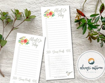 Printable To Do List {Watercolor Bird and Roses} Letter 8.5X11 PDF / Brain Dump / Agenda - Instant Download