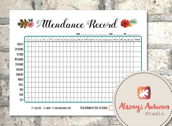 printable homeschool attendance record undated august to etsy attendence record