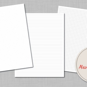 Könnte beinhalten: Drei weiße Papierbögen mit verschiedenen Mustern: gepunktet, liniert und kariert. Das Always Autumn Studio-Logo befindet sich in der unteren rechten Ecke. Die Papiere sind auf einer grau strukturierten Oberfläche angeordnet.