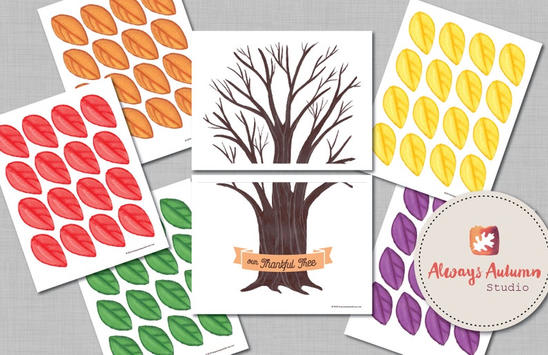 Printable Thankful Tree / DIY Thanksgiving Gratitude Project / Handpainted Tree and Fall Autumn Leaves 11X16 image 1