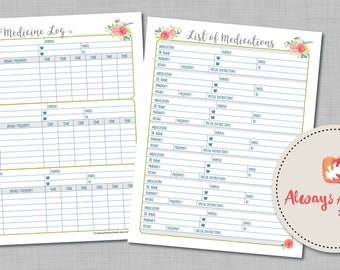印刷可能な週ごとの処方薬ログと服薬リスト - Bird and Roses Bullet Journal PDFページ