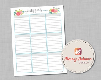 Printable Weekly Goals by Subject - Watercolor Roses and Tufted Titmouse Bird