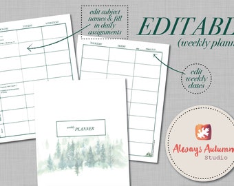 Editable / Printable 8 Subject / Assignment Weekly Lesson Plan Planner  - Minimalist Misty Pine Tree Forest - Perpetual - Adobe Acrobat PDF