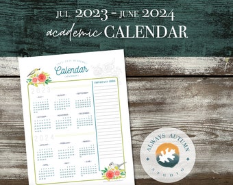 Printable 2023-2024 Academic Calendar Year at a Glance, July Start, Teacher / Homeschool / Student 8.5X11 PDF