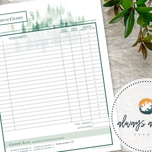 May include: A white Record of Grades sheet with a green border and a watercolor forest design at the top. The sheet includes sections for date, assignment, points, and grade. A circular logo with the text "always autumn studio" is in the bottom right.