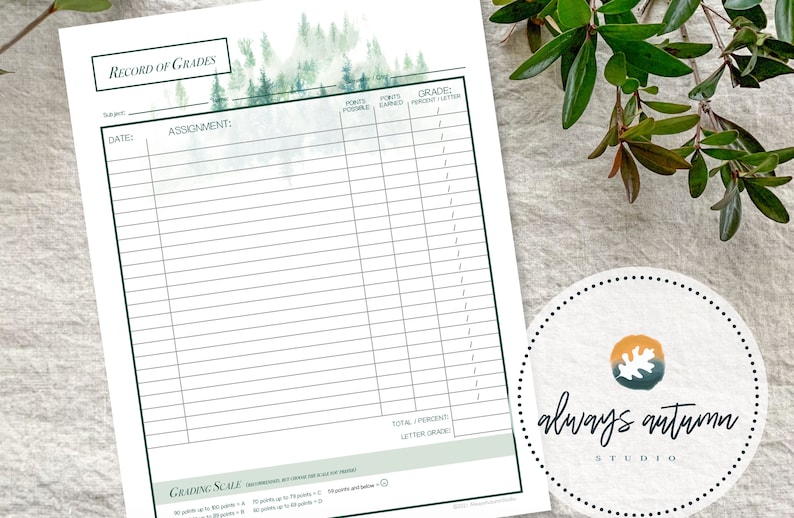May include: A white Record of Grades sheet with a green border and a watercolor forest design at the top. The sheet includes sections for date, assignment, points, and grade. A circular logo with the text "always autumn studio" is in the bottom right.