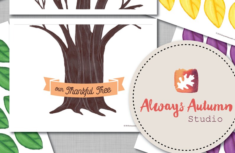 Printable Thankful Tree / DIY Thanksgiving Gratitude Project / Handpainted Tree and Fall Autumn Leaves 11X16 image 2