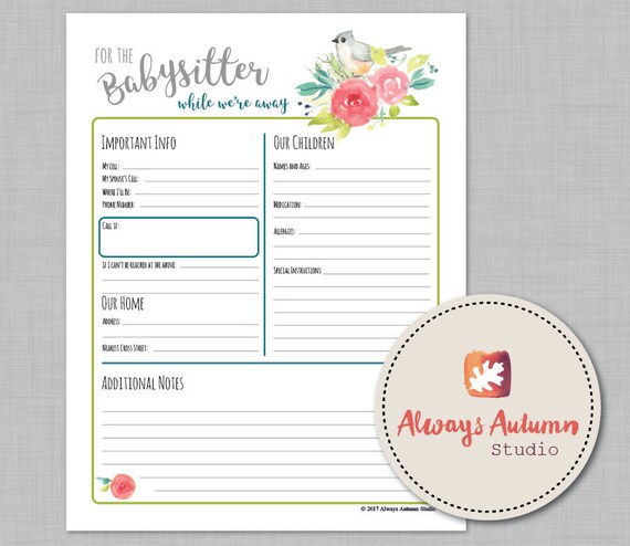 printable babysitter information sheet tufted titmouse bird and watercolor roses babysitter info sheet printable