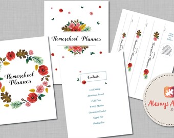 Handpainted Floral Four Seasons Homeschool Printable Planner - undated - includes Year Round Attendance Record & Editable Weekly Planner