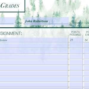 May include: A Record of Grades form with a forest-themed header. The form includes fields for subject, name, and semester. The table has columns for date, assignment, points possible, points earned, and grade. The first entry is for a Chapter 1 Review.