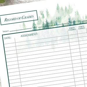May include: A white paper with a green border and text that reads "Record of Grades." The top of the paper has a watercolor image of a forest. The paper includes fields for subject, name, date, assignment, points, and grade.