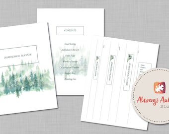 Minimalist Misty Pine Tree Forest Homeschool Printable Planner - undated - includes Year Round Attendance Record, Weekly Planner and More
