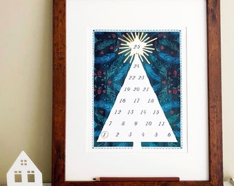 Printable Advent Christmas Tree Calendar - Gold Star - 25 Days - DIY - Digitally Hand-drawn Folk Pattern Wall Art - Pine, Pinecones, Holly