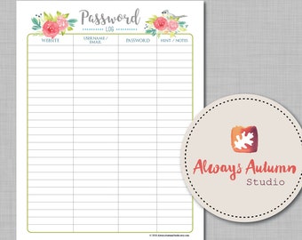 Editable & Printable Password Log Keeper Organizer Tufted Titmouse and Roses 8.5 X11 PDF