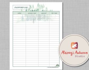 EDITABLE & Printable Password Log Keeper Organizer Template Misty Pine Tree Forest Hillside 8.5 X11 PDF