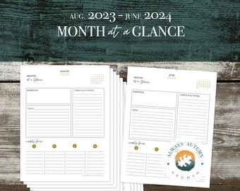 Month at a Glance Planner - August 2023 - June 2024 - Journal Page - Spiral - 3-Ring Binder - Standard PDF PRINTABLE