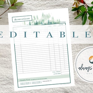 Può includere: Un foglio bianco e modificabile di registro dei voti con bordo verde e illustrazione della foresta. La parola "EDITABLE" è visualizzata in lettere verde acqua. Un logo circolare per "always autumn studio" si trova in basso a destra.