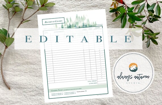 Editable and Printable Record of Grades Organizer Template Misty Pine Tree Forest Hillside 8.5 X11 Adobe Acrobat Reader PDF