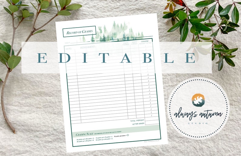 May include: A white, editable record of grades sheet with a green border and forest illustration. The word "EDITABLE" is displayed in teal letters. A circular logo for "always autumn studio" is in the bottom right corner.
