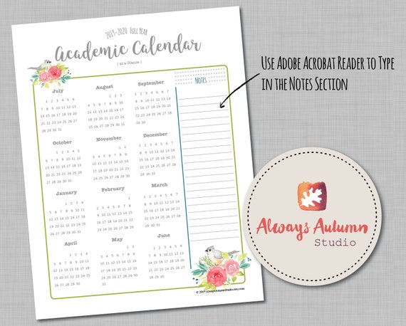 editable and printable 2019 2020 academic calendar year at a glance july start teacher homeschool student vertical 8 5x11 pdf printable academic calendar