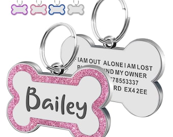 Personalised Dog Tags Engraved UK Dog Tag Glitter ID Tags for Pets Dogs with Any Name & Text Custom Bone Stainless Steel Dog Name Tag