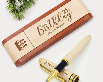 Personalised Pen Engraved Natural Wooden Ballpoint Pen with Gift Box Custom Gift for Birthday Fathers Day Gift Graduation Gift for Friends