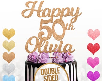 Personalised Happy 50th Birthday Cake Topper - Personalised with Any Name and with Any Age 16, 18, 21, 30, 40- Double Sided Non-shed Glitter