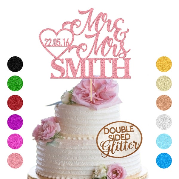 Personalised Wedding Cake Toppers Wedding Decoration Customised Wedding Gifts for Couple Double Sided Glitter Paper with Any Name Date