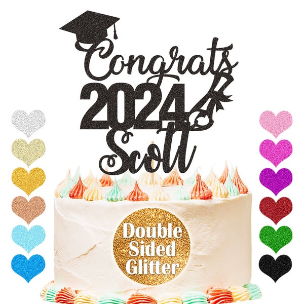 Personalised graduation cake topper 2024 Custom Congrats Graduation Hat Student Class of 2024 Multicolour Glitter Cake Decoration