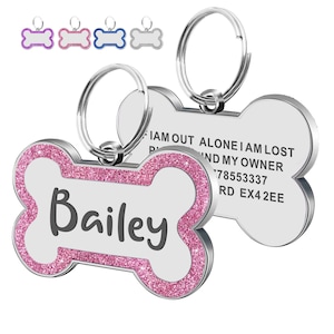 Personalised Dog Tags Engraved UK Dog Tag Glitter ID Tags for Pets Dogs with Any Name & Text Custom Bone Stainless Steel Dog Name Tag