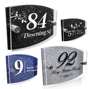 Personalised House Sign Plaque Door Number Name Road Plaque Personalised Modern Glass Effect Acrylic Glitter Sign Black/Silver/Blue 3 colors