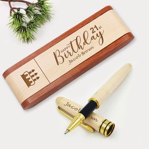 Personalised Pen Engraved Natural Wooden Ballpoint Pen with Gift Box Custom Gift for Birthday Fathers Day Gift Graduation Gift for Friends