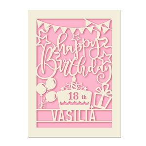 Personalised Birthday Card Laser Paper Cut Greeting Cards Happy Birthday Age Card Any Name Any Age 1st 16th 21st 30th 50th 70th 80th Candy Pink