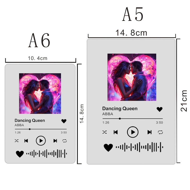 May include: Two rectangular plaques, A6 at 10.4cm x 14.8cm and A5 at 14.8cm x 21cm, feature a romantic image of a couple. The plaques display a music player interface with the song "Dancing Queen" by ABBA. The design includes a heart icon and a waveform.