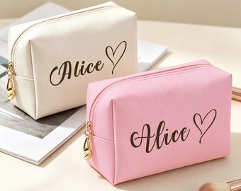 Personalised Makeup Bag, Waterproof Leather Cosmetic Bags with Name & Birthflower, Travel Toiletry Bag Gifts
