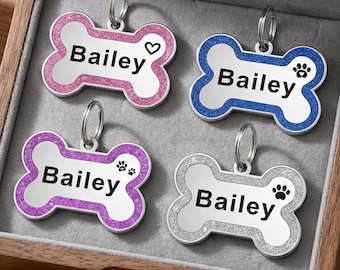 Personalised Dog Tags for Pets UK, Custom Dog Tag Glitter Bone ID Tag Any Name & Text, Deep Engraved Dog Name Tags, Stainless Steel Pet Tag