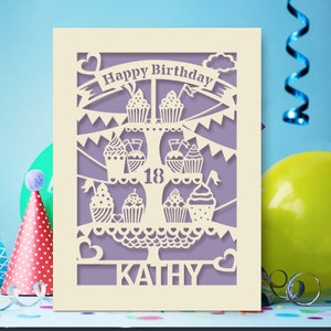 Personalised Birthday Card Laser Paper Cut Greeting Cards Happy Birthday Age Card Any Name Any Age 1st 16th 21st 30th 50th 70th 80th Lilac Purple
