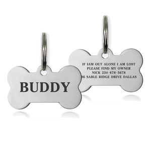 Premium Engraved Personalised Pet Dog Cat Puppy Name ID Tag Pet Tag Cat Tag Custom Puppy Name ID Bone Round Tag Collar Silver