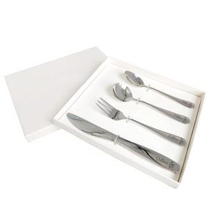 Personalised Kids Cutlery Set Stainless Steel Flatware 4pcs Set Tableware Toddler Utensils in Presentation Box with Symbol and Child's Name image 8