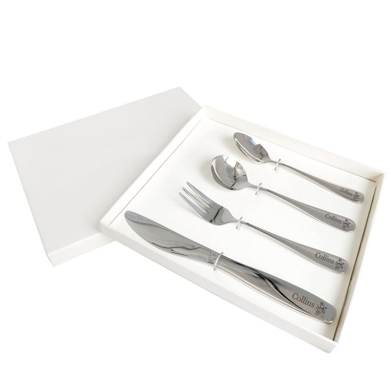 Personalised Kids Cutlery Set Stainless Steel Flatware 4pcs Set Tableware Toddler Utensils in Presentation Box with Symbol and Child's Name image 8
