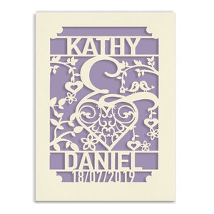 Personalised Papercut Wedding Card, Laser Cut Wedding Anniversary Card, Engagement Card, Paper Cut Cards for Newlyweds Lilac Purple