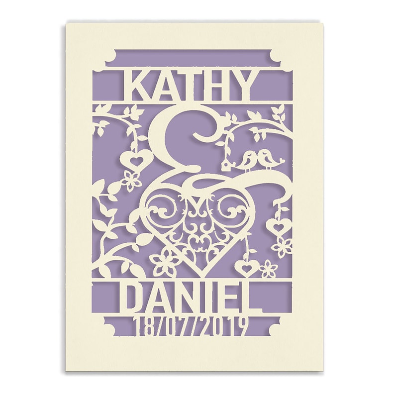 Personalised Papercut Wedding Card, Laser Cut Wedding Anniversary Card, Engagement Card, Paper Cut Cards for Newlyweds Lilac Purple