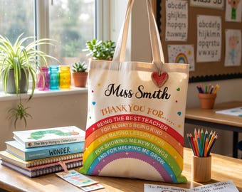 Personalised Thank You Teacher Gifts, Rainbow Canvas Tote Bag with Any Name, Teacher Appreciation Gifts for Women